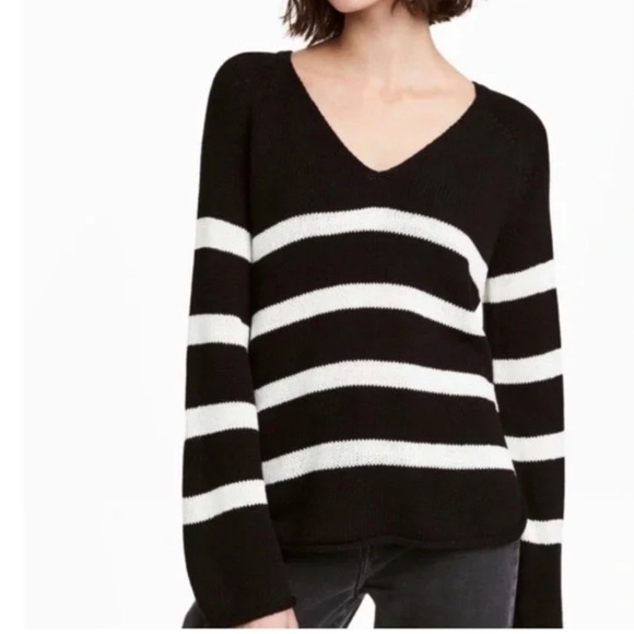 H&M Black and White V-Neck Sweater with Stripes large - Picture 1 of 9